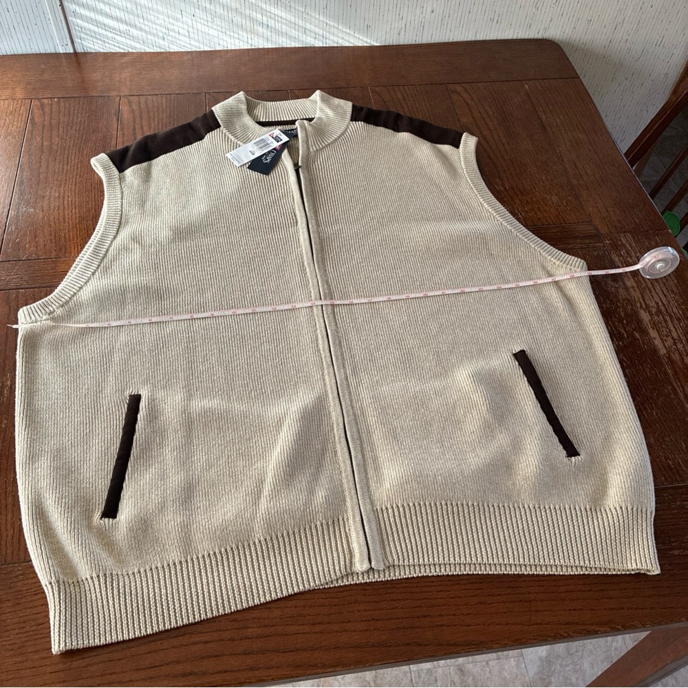 CHAPS Sweater Vest Men’s 4XB Tan Cardigan Suede Trim Full Zip Golf